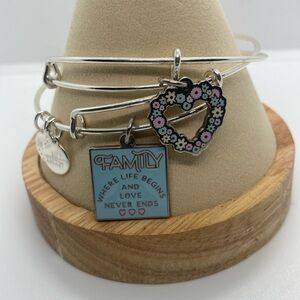 Alex & Ani Set of 2 Shiny Silver Bangles /Family/Colored Heart Charms/EUC